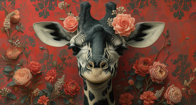 a painting of a giraffe with flowers on it's head and a red wall in the background.