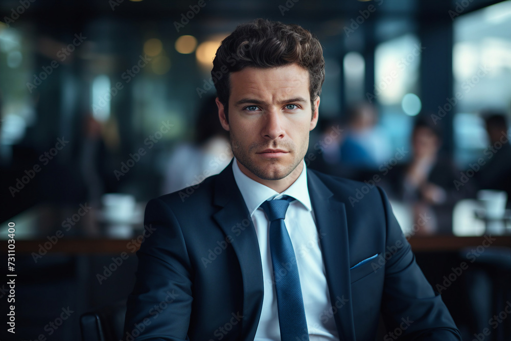 Poster generative ai portrair of happy smiling successful busy person working in office