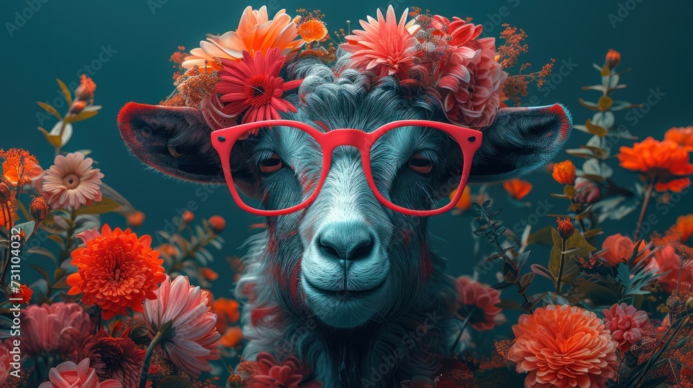 Poster a close up of a sheep wearing glasses with flowers on it's head and in front of a background of flow