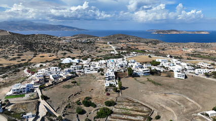 Aerial drone photo of small picturesque main town in island of Schoinousa, small Cyclades, Greece