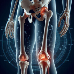 Femur bone structure, human leg anatomy, 4k, HD, 3d rendered illustration of a human anatomy