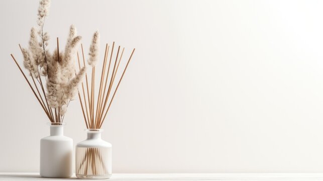 Aromatherapy spa composition stick and candles reed diffuser on white background