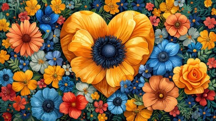 a painting of an orange heart surrounded by blue, yellow, and red flowers with a blue center surrounded by orange, red, yellow and blue flowers.