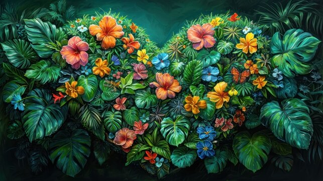 a painting of flowers and leaves in the shape of a heart on a green background with leaves and flowers in the shape of a heart.