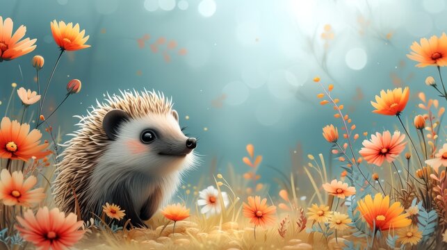 a painting of a hedgehog sitting in a field of flowers with a blue sky and sun in the background.