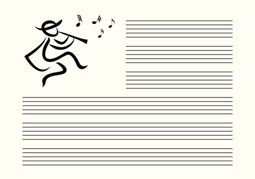 Musical notes blank sheet with black outline pied piper design. Black lines on white background. Editable stroke vector.	
