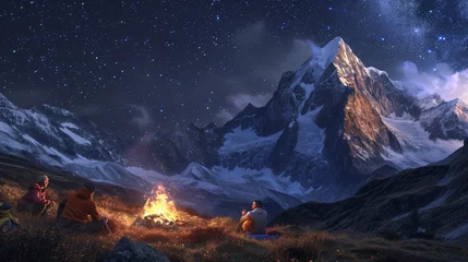 Fotobehang A family camping in the mountains, sitting around a crackling fire under a starry sky, with copy space, dynamic and dramatic composition, with copy space © Лариса Лазебная
