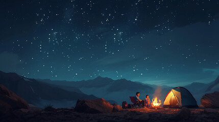 A family camping in the mountains, sitting around a crackling fire under a starry sky, with copy space, dynamic and dramatic composition, with copy space