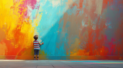 A child painting a mural on a blank wall, with vibrant colors and creativity, with copy space, dynamic and dramatic composition, with copy space