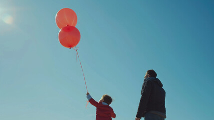 A parent and child releasing balloons into a clear blue sky, with copy space, dynamic and dramatic composition, with copy space