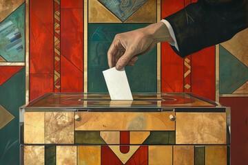 A hand placing a ballot into an art deco style ballot box. Art deco background.