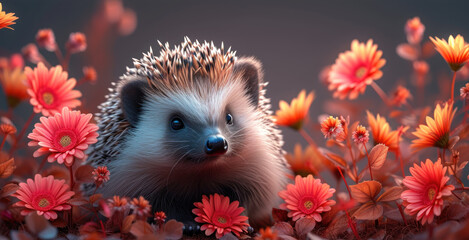 Fototapeta na wymiar a hedgehog in a field of flowers looking at the camera with a sad look on it's face.