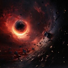 Black hole with dark glowing dust ring in space absorbs energy of other planets around it in area, concept of fantasy thinking, knowledge, imagination, space. Generative Ai