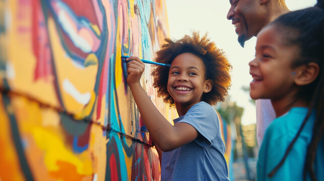 A family painting a mural together on a community wall, with bright colors and smiles all around, with copy space, dynamic and dramatic composition, with copy space