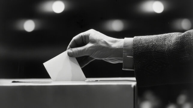 a hand placing a ballot into a ballot box, black & white