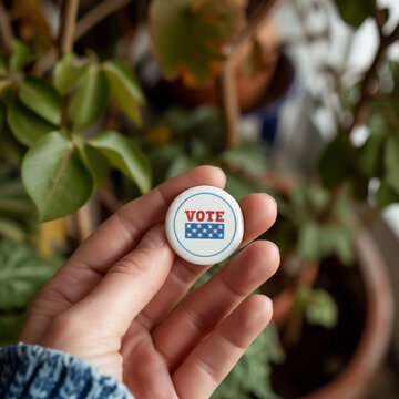 A hand holding a small VOTE button with blurred background of leaves and trees
