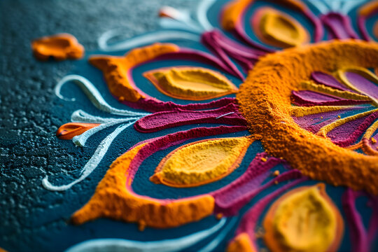 Close up rangoli alpana . Top view. Ugadi festival in India. Marathi new year concept.