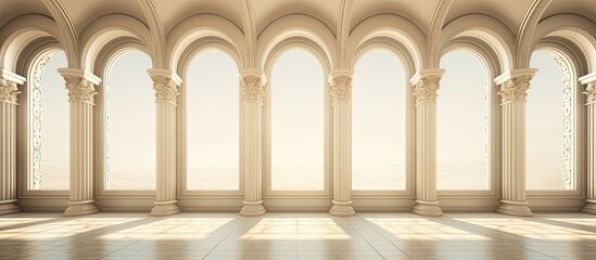 illustration of an empty room with wide columns and decorative windows.