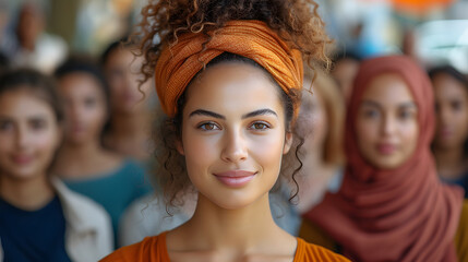 International Women's Day. Portrait of a young muslim woman with her friends in the background