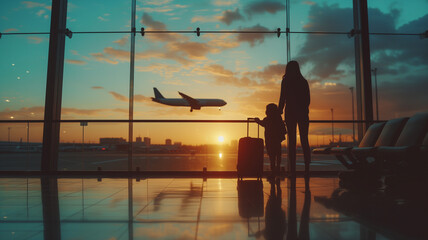 Family (father, son, mother) holding suitcase in the airport still during sunset, background Glass window and airplane taking off