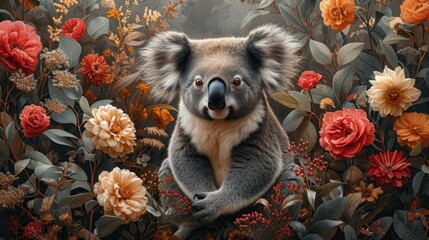a painting of a koala sitting in the middle of a field of red and yellow flowers with a black nose.