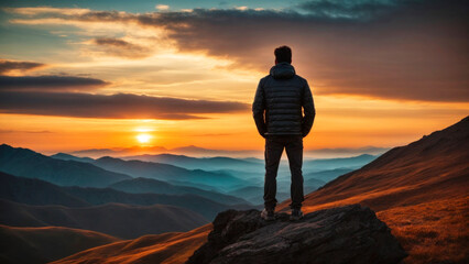 A lonely figure of a man standing on a high mountain. Man watching sunset and nature, concept of conquering obstacles.