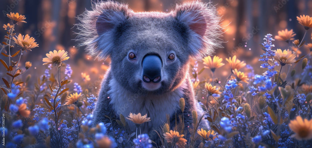 Poster a close up of a koala in a field of flowers with a blurry background of trees and bushes.
