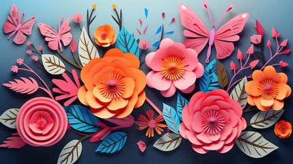 Spring flowers in paper cut style, banner design in pastel color.