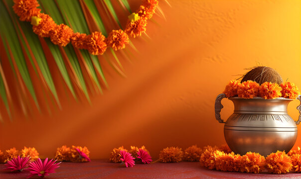 Kalash pot with orange flowers and leaves on the grunge blue background. Gudi Padwa festival in India. Marathi new year.