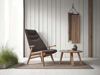 lounge chair and a side table made of wood stumps with an empty mock-up frame; rustic minimalist interior design