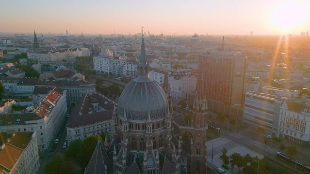 Vienna city skyline aerial view fly over vienna downtown austria city at sunrise, Vienna aerial panoramic view.