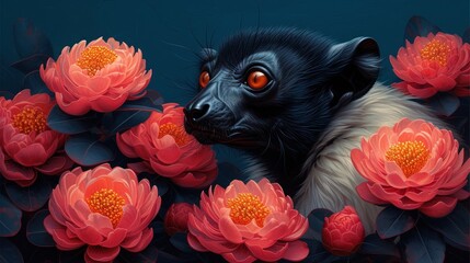 a painting of a black and white cat surrounded by pink flowers with a red eye on it's face.