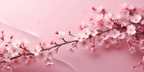 Blooming cherry branch on a pink background, spring theme. Generative AI