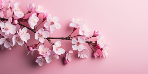 Blooming cherry branch on a pink background, spring theme.