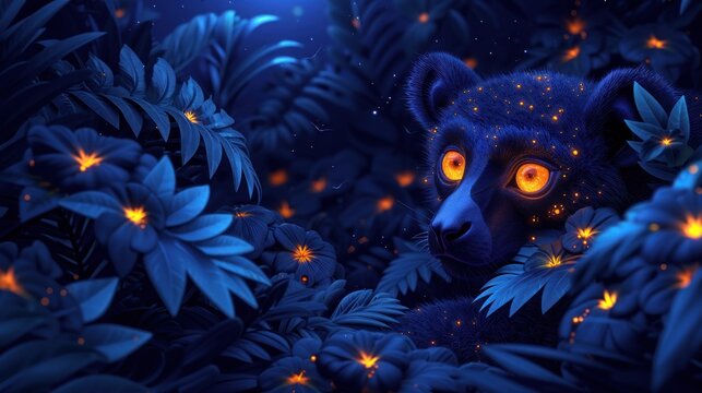 a painting of a black bear with glowing eyes in a forest filled with blue leaves and glowing stars at night.