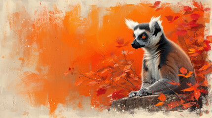 a painting of a lemura sitting on a rock in front of a tree with orange and red leaves. - obrazy, fototapety, plakaty