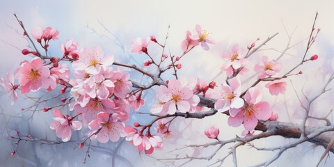 Blooming branch in spring, oil painting. Flowers under the snow. Generative AI