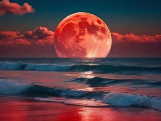 luna roja redonda en el mar - obrazy, fototapety, plakaty