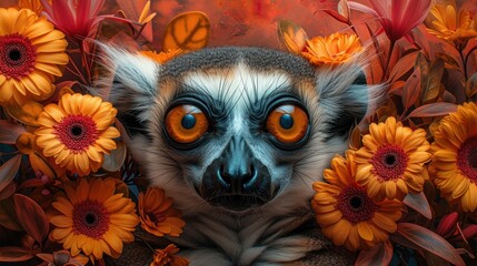 a close up of a monkey with orange eyes surrounded by orange and yellow flowers with butterflies on it's head. - obrazy, fototapety, plakaty