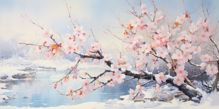 Blooming branch in spring, oil painting. Flowers under the snow. 