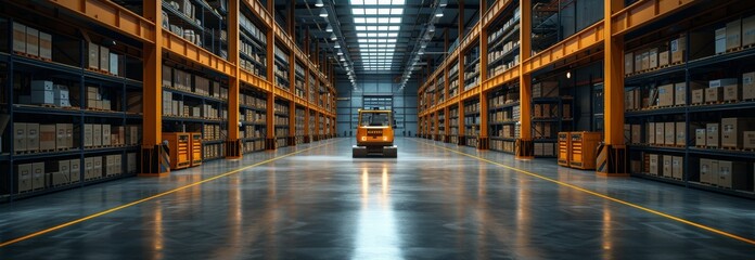 Amidst towering bookcases and shelves, a forklift maneuvers through the maze-like warehouse, its echoing engine filling the quiet library room with a sense of industriousness and purpose - obrazy, fototapety, plakaty