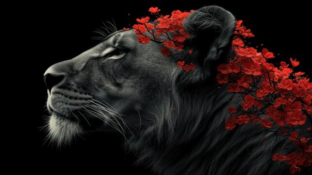 a black and white photo of a lion with red flowers on it's head, with a black background.