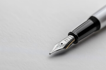 Close up of a steel fountain pen on a white paper background with copy space.