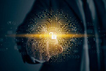 Businessman Touch Screen and Unlock Security Technology Concept Icon in Vintage Tone