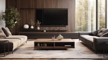 Beautifully decorated living room with large TV, hardwood floor and wall.