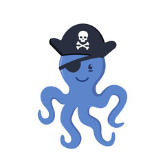 Cute octopus pirate character in pirate hat with skull and bones. Vector illustration.
