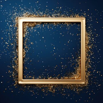 blue golden blank frame background with confetti glitter and sparkles
