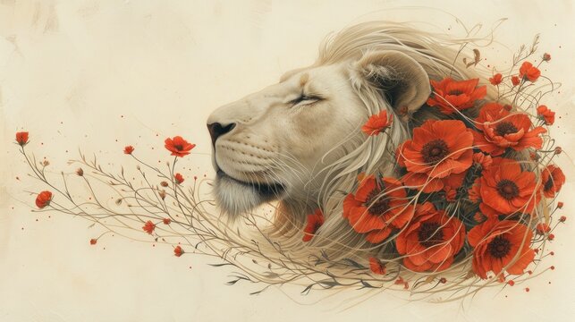 a painting of a white lion with a bunch of red flowers on it's back and his head resting on a branch.