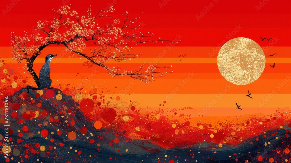 Aufkleber a painting of a tree with birds flying in front of a red sky with a full moon in the background.