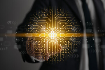 Businessman Touch Screen and Small Gear Wheel Technology Concept Icon